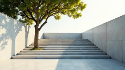 Serene Concrete Staircase Ascending Towards a Lush Green Tree Canopy Under a Bright Sky