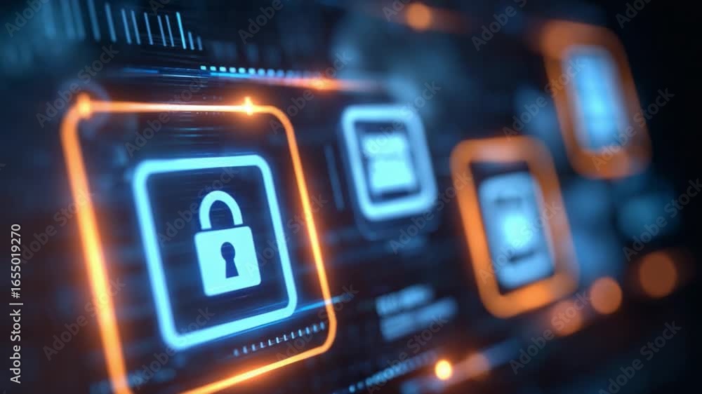 Poster cybersecurity interface: digital interface with luminous padlock icon signifies data protection, sec
