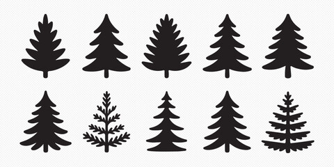 Obraz premium Christmas tree silhouette clipart set. Black Christmas tree drawing clip art collection in white background for xmas season pine tree flat icon decoration vector illustration.