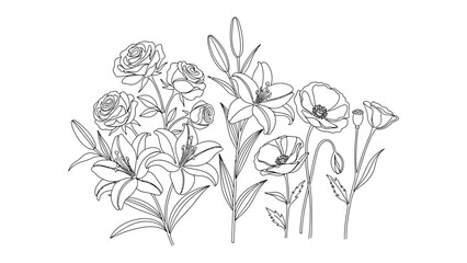 Floral Elegance in Monochrome: Exquisite line art showcasing a bouquet of diverse flowers, each meticulously detailed. Delicate roses, elegant lilies.
