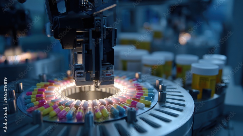 Poster focused medium shot of a robotic arm retrieving customized medication blister packs from an illumina