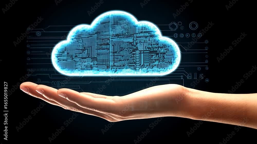 Poster a glowing digital cloud rests gently in a cupped hand, symbolizing digital data storage and secure a