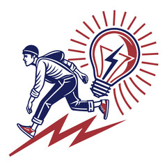 Obraz premium Logo design with running person, lightning bolt, and glowing light bulb