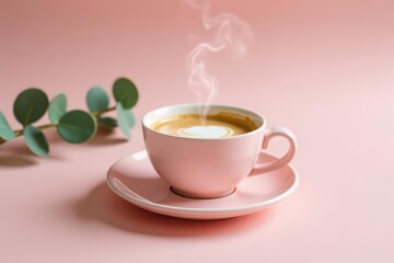 A steaming cup of cappuccino in a pale pink mug rests on a matching saucer, adorned with a delicate leaf sprig nearby.