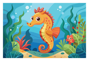 Fototapeta premium Adorable Seahorse and Fish in a Vibrant Underwater World Cartoon Illustration
