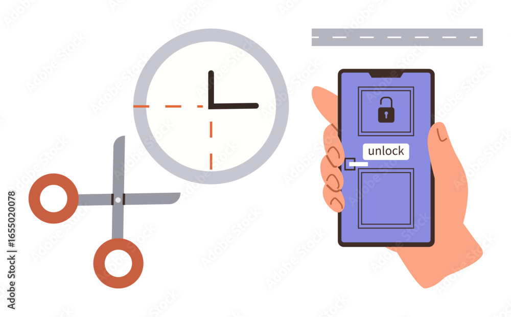 Poster scissors cut through a circle with a clock, paired with a hand holding a smartphone featuring a lock