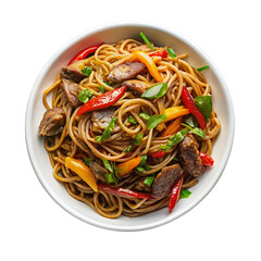 Delicious beef chow mein noodles with vegetables isolated on transparent background