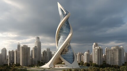 Futuristic office tower shaped like a twisting helix