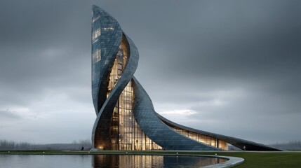 Futuristic office tower shaped like a twisting helix