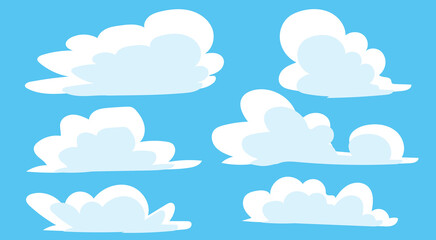 Set of white cloud icons on a blue background. Cloud shapes vary in size and form. 