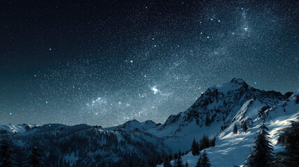 Winter night sky filled with stars over a snowy mountain range.