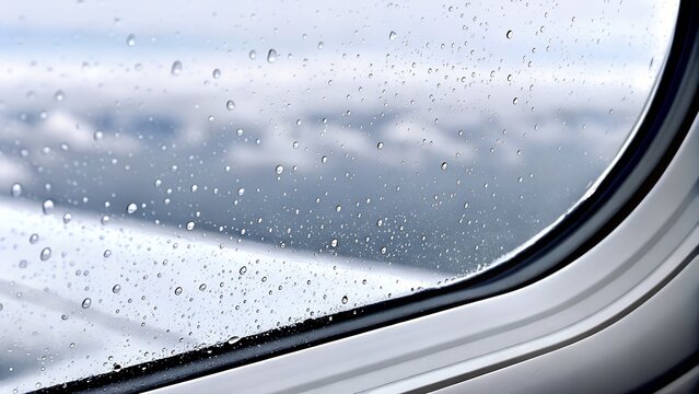 tranquil raindrops on airplane window with wing against cloudy horizon - Powered by Adobe