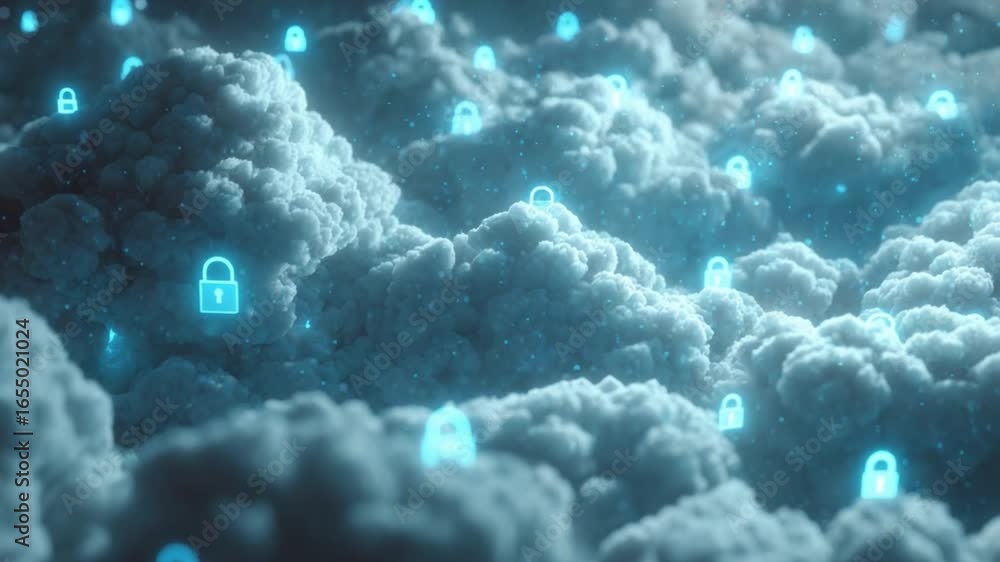 Poster cloud security: abstract representation of data security floating in the cloud, with illuminated pad