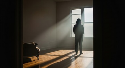Obraz premium Woman Silhouetted by Sunlight in Empty Room