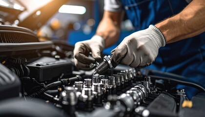 Engine Work Mechanic Inspecting Car Engine for Maintenance and Repair