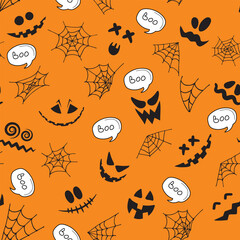 Cute faces, webs, boo inscription on orange background seamless pattern. Seamless pattern for Halloween. Postcard, wrapping paper, wallpaper, Halloween background. Vector illustration.