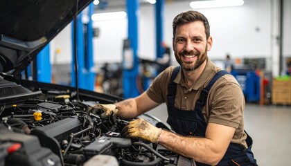 Happy Mechanic Repairing a Car Engine in a Garage