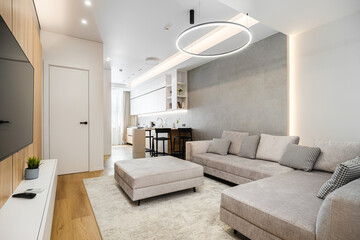 Modern living room with sleek furnishings and open kitchen in a stylish apartment design