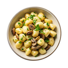 Gnocchi with mushrooms and herbs in a bowl isolated on transparent background