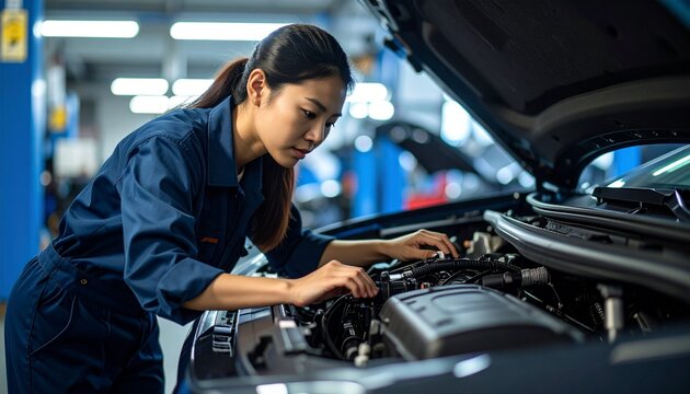 Focused female mechanic diligently working on a car engine in a well-lit auto repair shop.