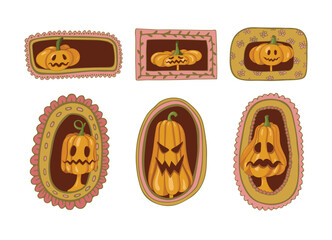Cute pumpkin characters in vintage frames. Pumpkin portraits. Autumn pumpkins set isolated on white background. Pictures for postcards. Vector illustration.