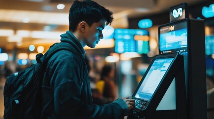 Person using a self-service kiosk in an airport.