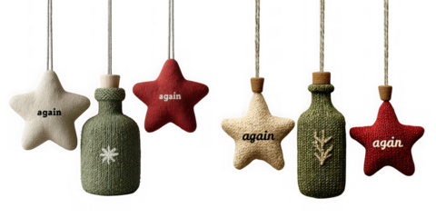Christmas ornaments with stars and bottles in red, green, and white colors hanging isolated on transparent background