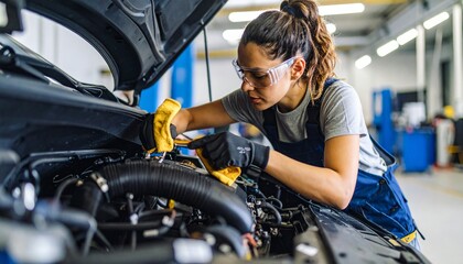 Female Mechanic Inspecting Car Engine Wearing Safety Goggles