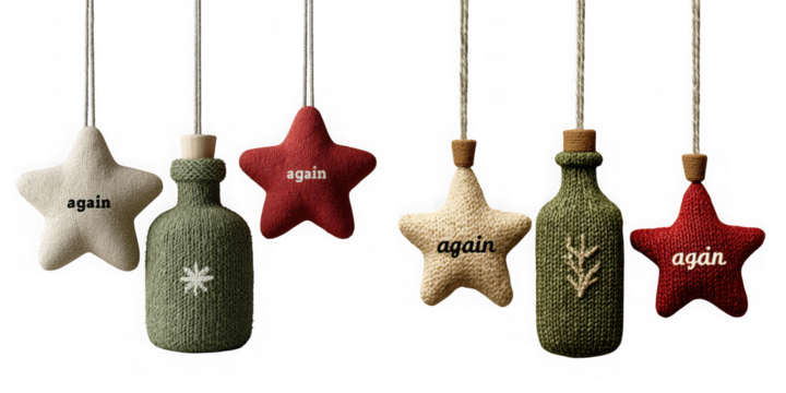 Christmas ornaments with stars and bottles in red, green, and white colors hanging isolated on transparent background
