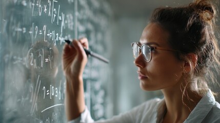 Young scientist meticulously writing complex mathematical and scientific formulas on a chalkboard, engrossed in her research within a laboratory setting, showcasing dedication and expertise