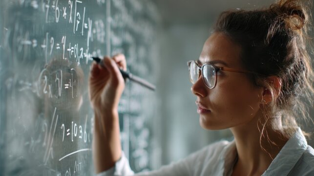 Young scientist meticulously writing complex mathematical and scientific formulas on a chalkboard, engrossed in her research within a laboratory setting, showcasing dedication and expertise