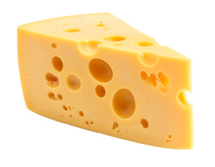 a piece of yellow cheese with holes isolated on transparent background, png