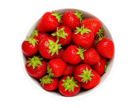 Fresh Strawberries in White Ceramic Bowl, Top View, Isolated on White