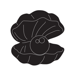 Silhouette of black seashell, open clam with pearl on white background for logo, icons, apps