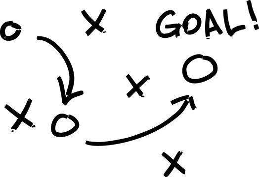 Sport tactic diagram with player positions and dynamic movement paths. Strategic arrows illustrate gameplay flow and team coordination.