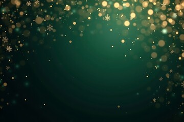 Sparkling golden bokeh lights on deep emerald green background