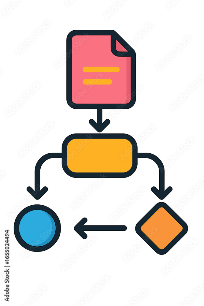 Poster flowchart diagram with document, shapes, and directional arrows workflow diagram icons input