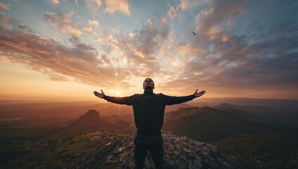 Fototapeta premium Courageous Man on a Cliff at Dawn