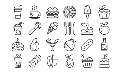 Naklejka premium Line and glyph vector set of 20 food and drink icons including coffee cup burger pizza ice cream fork knife cocktail fruit bread cake and bottle