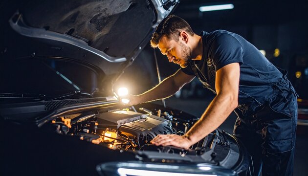 Mechanic Inspecting a Car Engine in a Garage Automotive Repair and Maintenance Concept