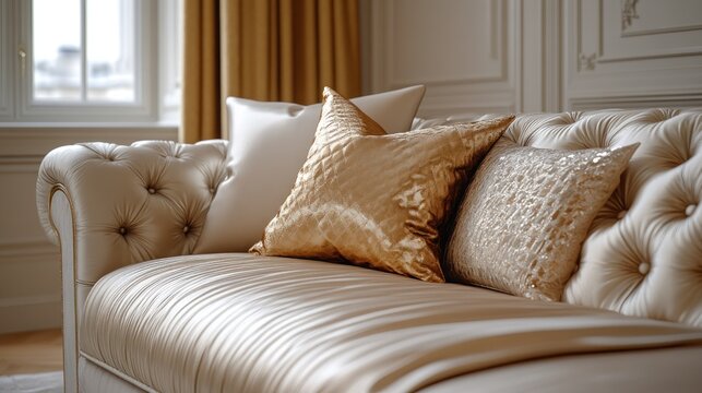 Luxurious cream sofa with gold accent pillows