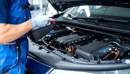 Skilled Mechanic Performing Essential Fluid Replenishment During Routine Automotive Maintenance in a Modern Service Center