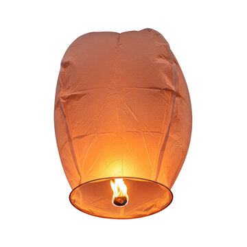 Orange sky lantern with flame isolated on transparent background