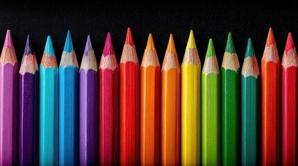 Fototapeta premium Colorful pencils arranged in a row against a black background.