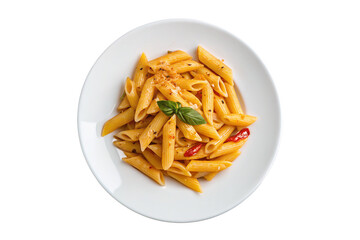 Delicious penne pasta on a white plate with fresh basil for a perfect Italian meal experience