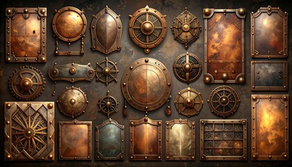 Collection of ornate metallic shields