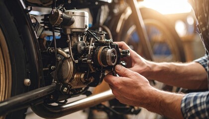 Obraz premium Close-Up of Mechanic Repairing Motorcycle Engine with Precision and Care