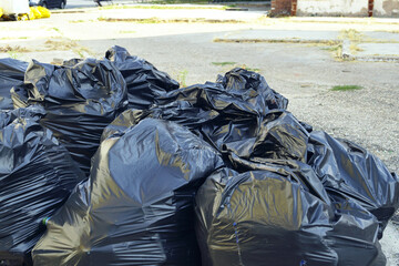 Residential waste collection day with numerous black bin bags on sidewalk. City infrastructure and...