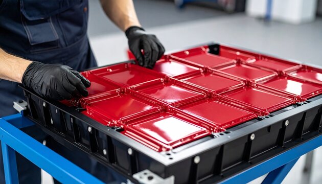 Worker installing battery cells into a battery pack module for an electric vehicle