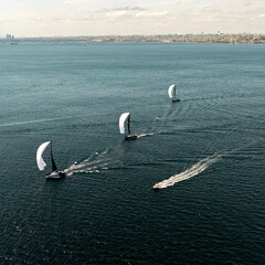 Aerial View of Sailboats Racing on Open Water with Gentle Horizon. High-angle shot of multiple...